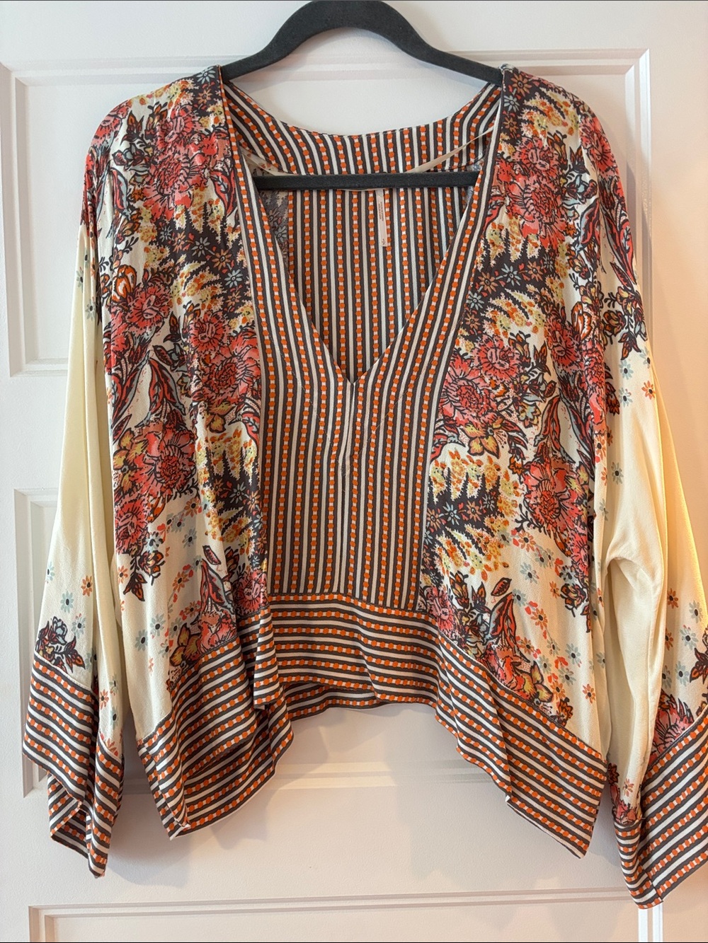 Free People Floral Stripe V-Neck Women’s Top in Cream and Rust